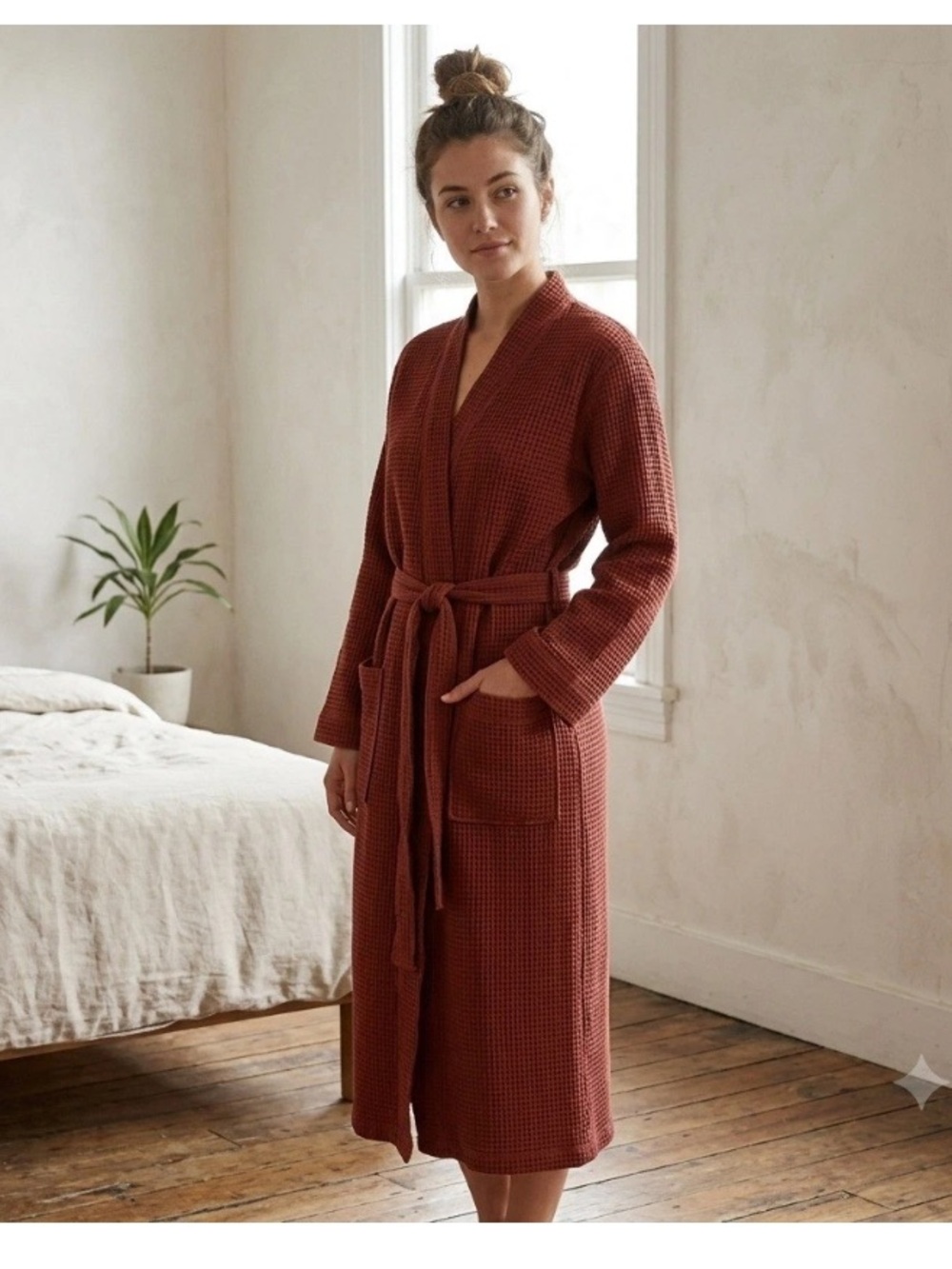 Coyuchi Robe Unisex S/XS Womens Mens Waffle Organic Cotton Belted Pockets Spa